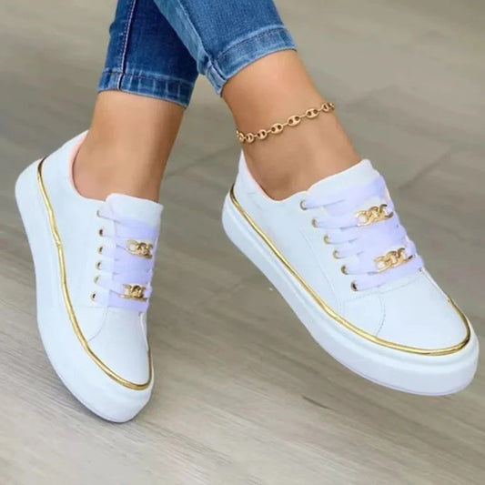 Trainers Luxe™ | Women's White Sneakers | Breathable Canvas, Gold Accent, Lightweight Comfort