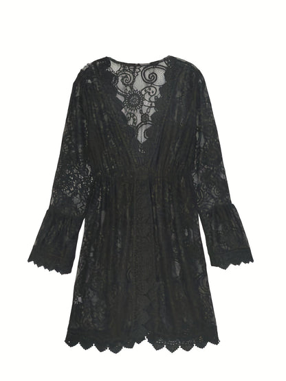 Lace Vespera™ | Women's Lace V-Neck Midi Dress | Summer Knit, Slit Hem & Long Sleeves for Beachwear