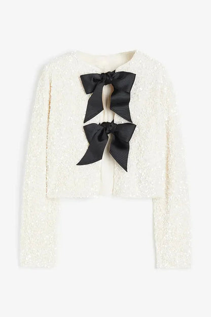 Bowtie Luxe™ | Women's Tie-Front Bow Sequined Jacket | Stylish Sequins, Front Tie Closure & Lightweight Design