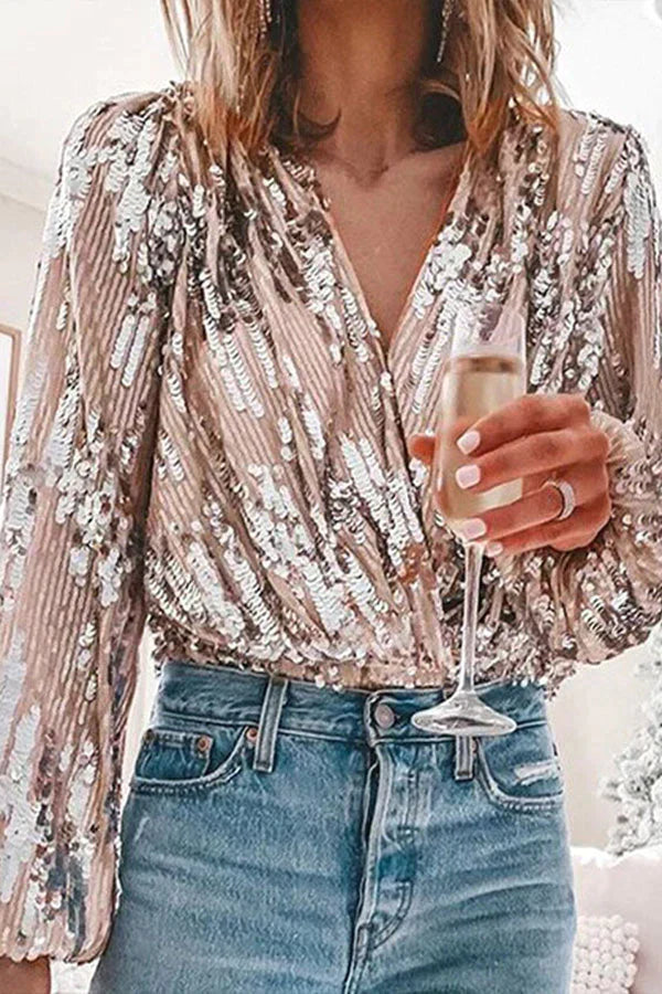 Sequin Bella™ | Women's V-Neck Blouse | Balloon Sleeves, Sparkling Sequins & Lightweight Fabric