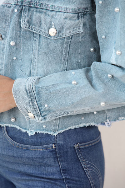 Denim Lira™ | Women's Denim Jacket | Raw Hem, Pearl Trim, Stylish Casual Wear