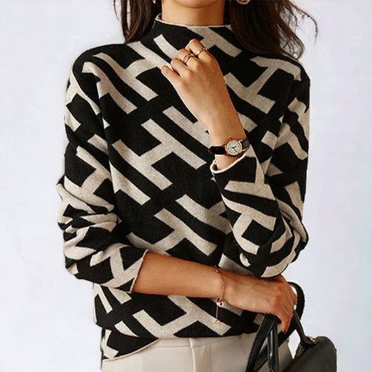 Geometric Luxe™ | Women's Long Sleeve Knitted Top | Soft Knit Fabric, Modern Geometric Pattern & Relaxed Fit