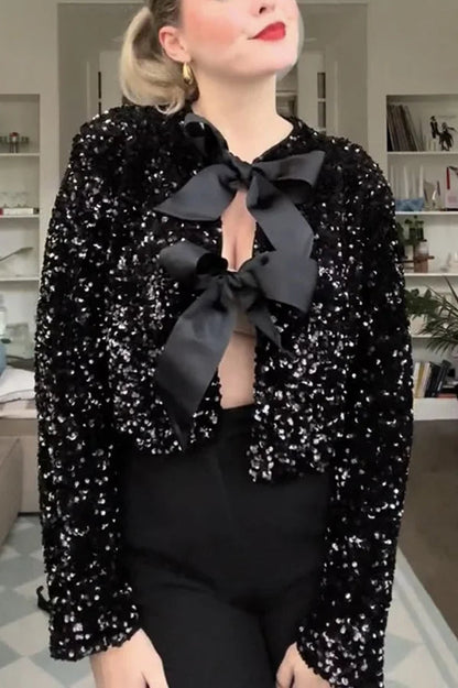 Bowtie Luxe™ | Women's Tie-Front Bow Sequined Jacket | Stylish Sequins, Front Tie Closure & Lightweight Design