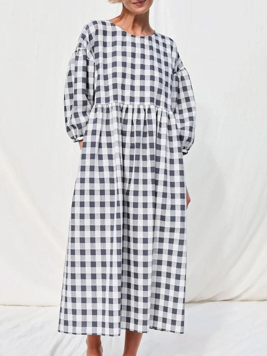 Plaid Aura™ | Women's Casual Midi Dress | Round Neck, Loose Fit, Mid-Sleeve Design, Printed Fabric