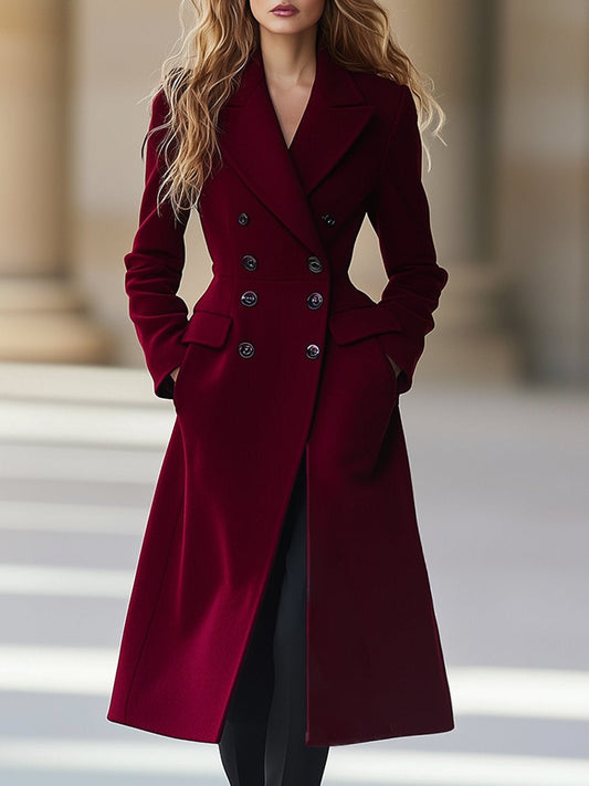Long Coat Women’s Wine Red Jacket Double-Breasted Buttons Lapel Collar