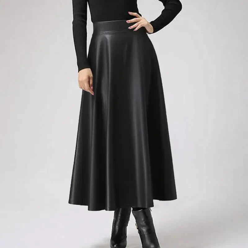 [Long Leather Skirt for Women - A-Line Silhouette - Versatile Design - Black]