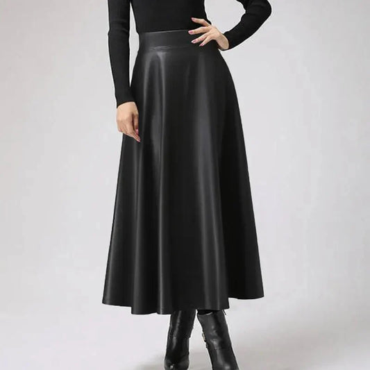 [Long Leather Skirt for Women - A-Line Silhouette - Versatile Design - Black]