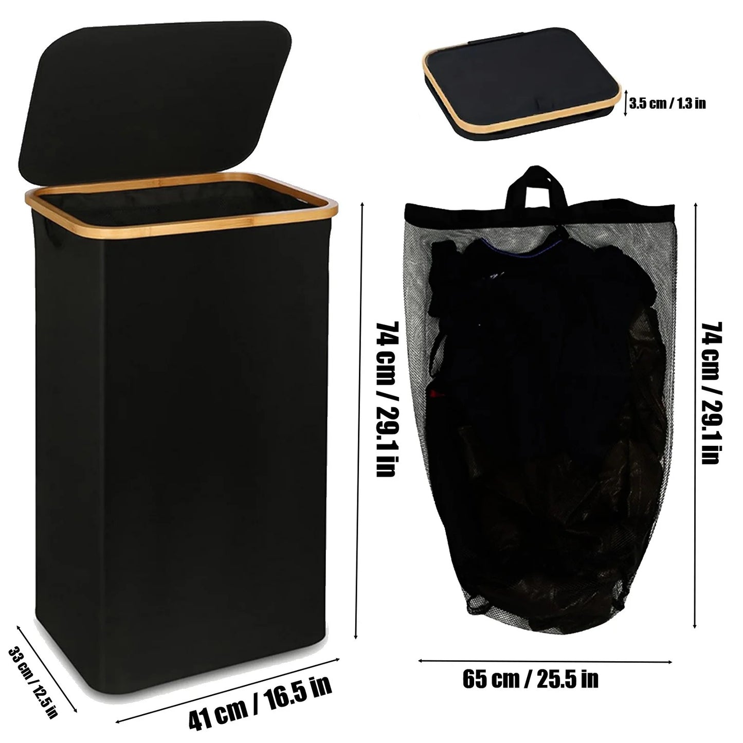 Extra Large Black Laundry Basket with Lid - 110L Dirty Laundry Hamper for Washing Clothes