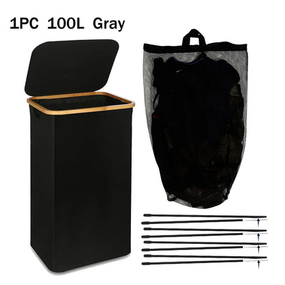 Extra Large Black Laundry Basket with Lid - 110L Dirty Laundry Hamper for Washing Clothes