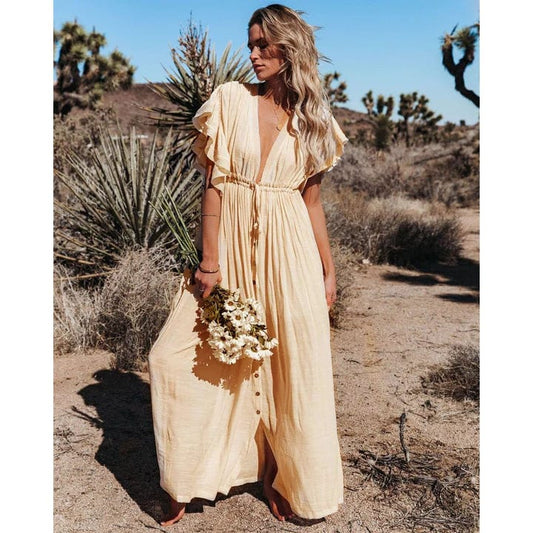 Boho Belle™ | Women's Cream Maxi Dress | Ruffle Details, Lightweight Fabric & Flowy Design