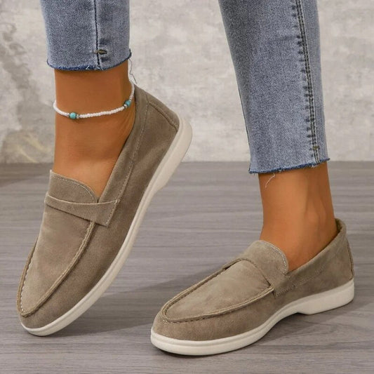 Slip-On Loafers for Women - Suede Slip-Ons in Beige