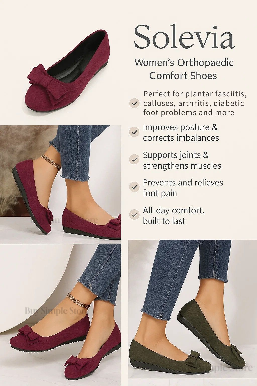 Solevia | Womens Orthopedic Comfort Shoes with Arch Support – Stylish Wide Fit Flats or Low Heels for Work, Dress & Plantar Fasciitis