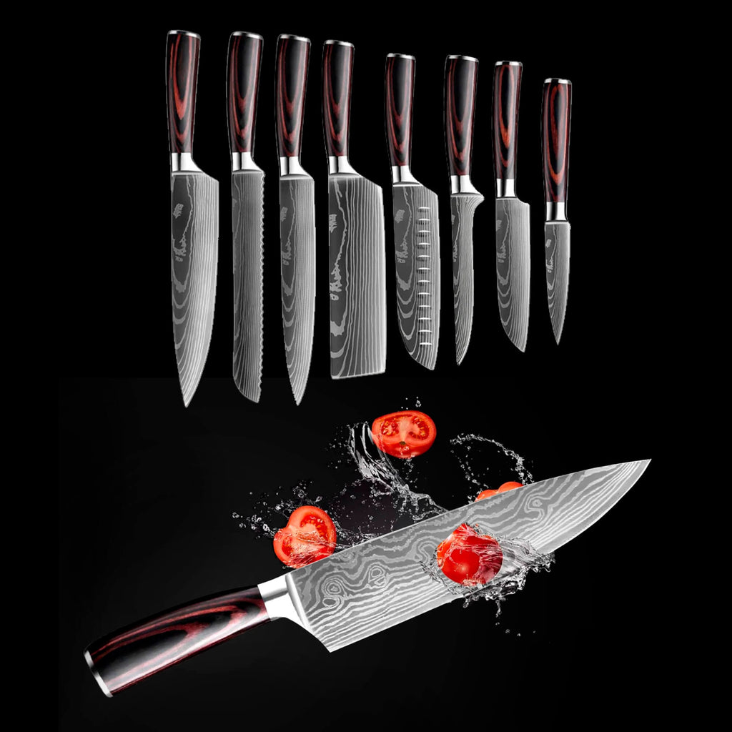 Professional Japanese Kitchen Stainless Steel Knives 8 Pcs Set Pakka Wood Handle
