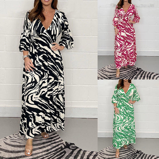 V-Neck Zebra Stripe Dress | 3/4 Sleeve, Waistline Design, Casual & Stylish Women's Fashion
