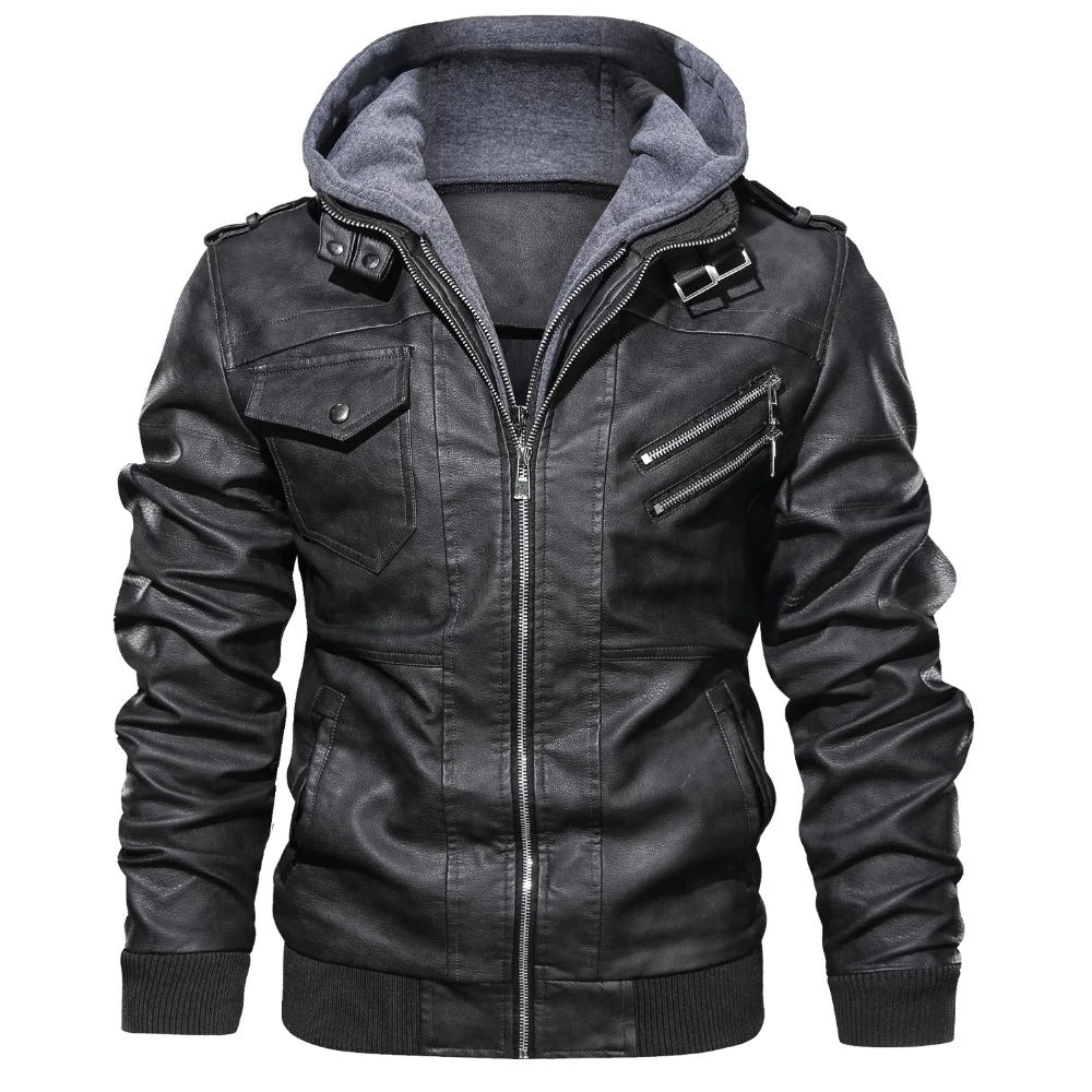 Mens Pu Leather JAcket with Hood