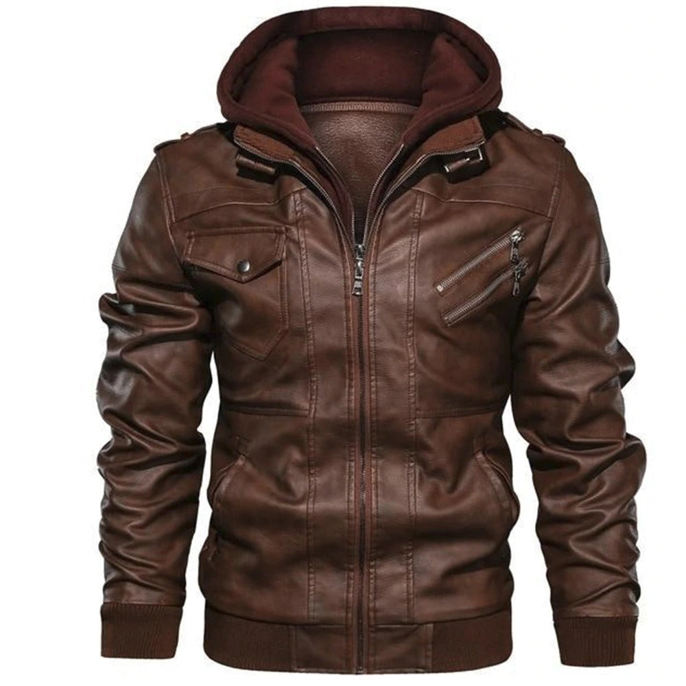 Mens Pu Leather JAcket with Hood