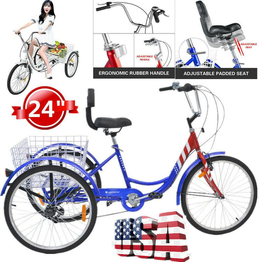 24 Inch Adult Tricycle Trike 3 Wheel Bike 6 Speed Shift + Shopping Basket