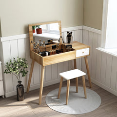 Wooden Makeup Desk with Hidden Mirror and Padded Stool