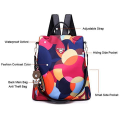 Colorful Print Nylon Oxford Anti Theft Travel Backpack Purse Handbag - 2 patterns