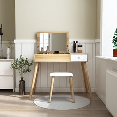 Wooden Makeup Desk with Hidden Mirror and Padded Stool