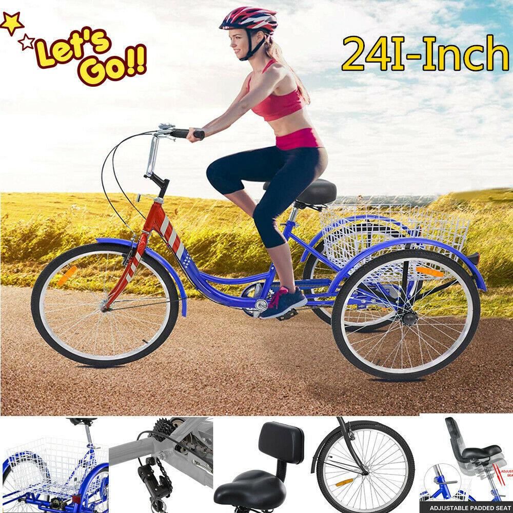 24 Inch Adult Tricycle Trike 3 Wheel Bike 6 Speed Shift + Shopping Basket