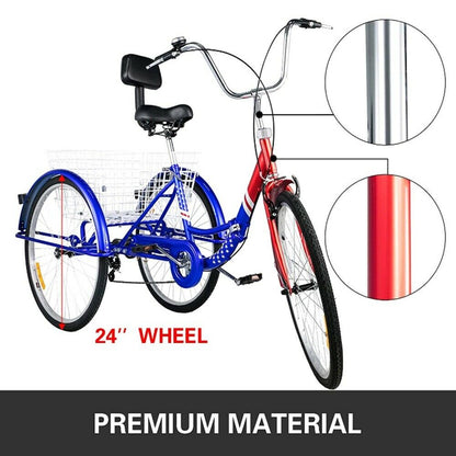 24 Inch Adult Tricycle Trike 3 Wheel Bike 6 Speed Shift + Shopping Basket