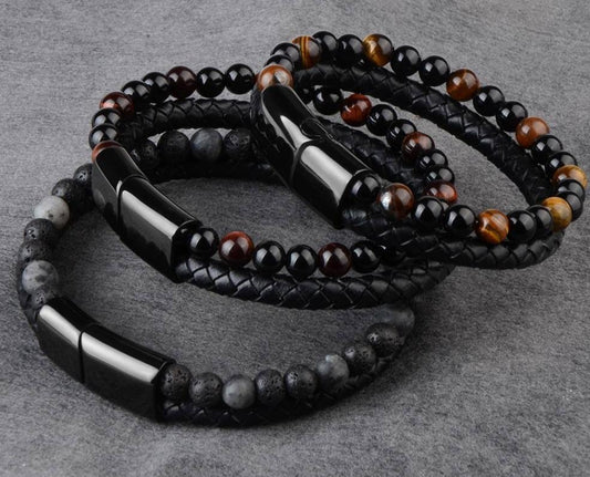 Black Onyx & Tiger Eye Men Chakra Bead Bracelet