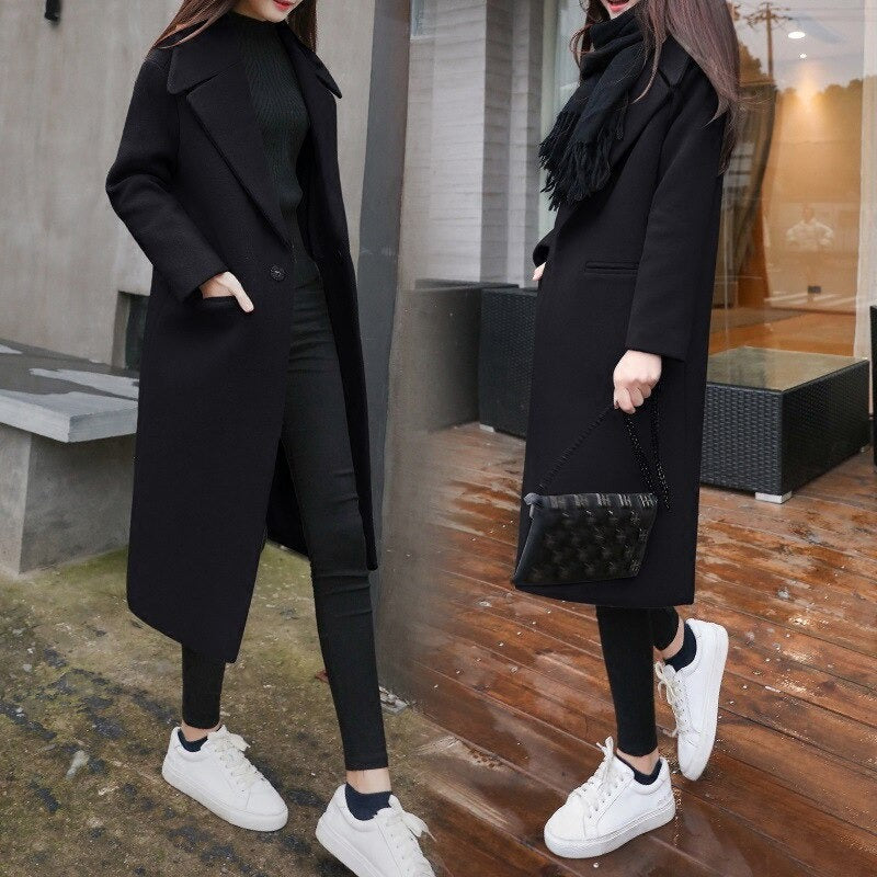 Women's Winter Black Long Wool Coat