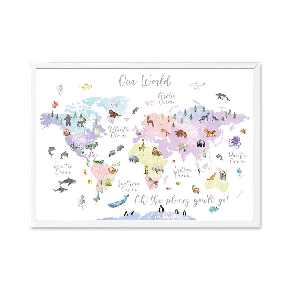 Eductational World Map Poster Animals Locations