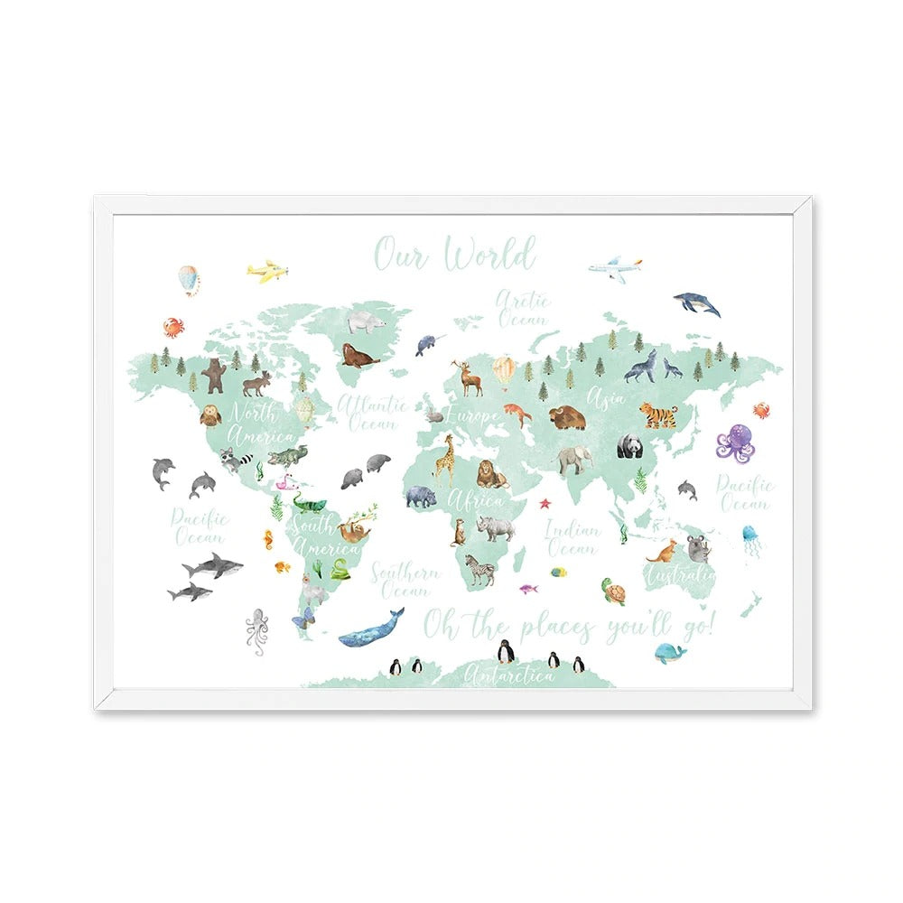 Eductational World Map Poster Animals Locations