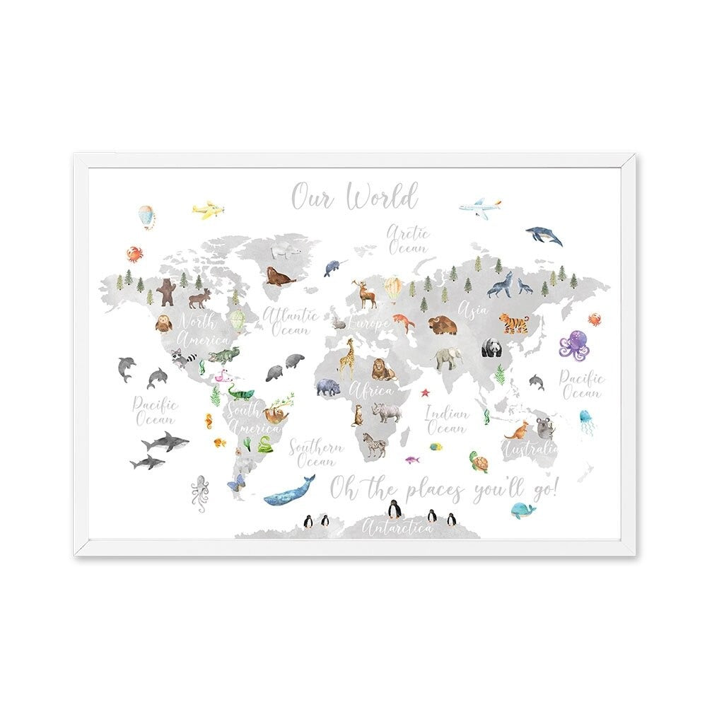 Eductational World Map Poster Animals Locations