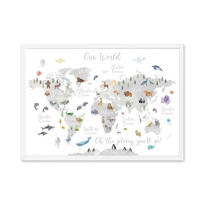 Eductational World Map Poster Animals Locations