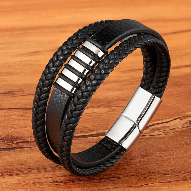 3 Layers Leather Bracelet For Men Punk Style Design Genuine Leather Black Bracelet For Men Steel