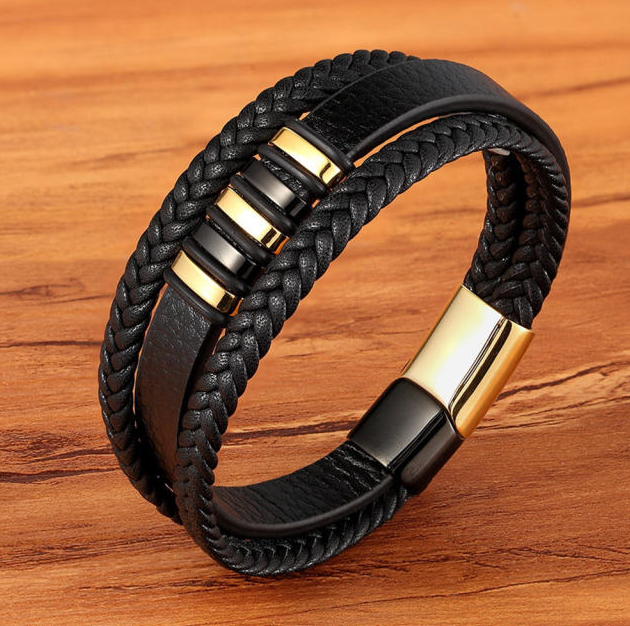 3 Layers Leather Bracelet For Men Punk Style Design Genuine Leather Black Bracelet For Men Steel