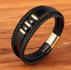 Image of 3 Layers Leather Bracelet For Men Punk Style Design Genuine Leather Black Bracelet For Men Steel