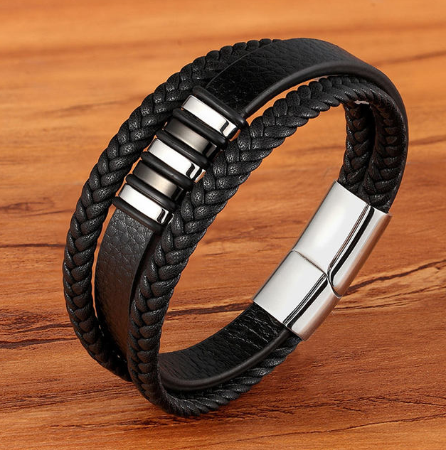 3 Layers Leather Bracelet For Men Punk Style Design Genuine Leather Black Bracelet For Men Steel