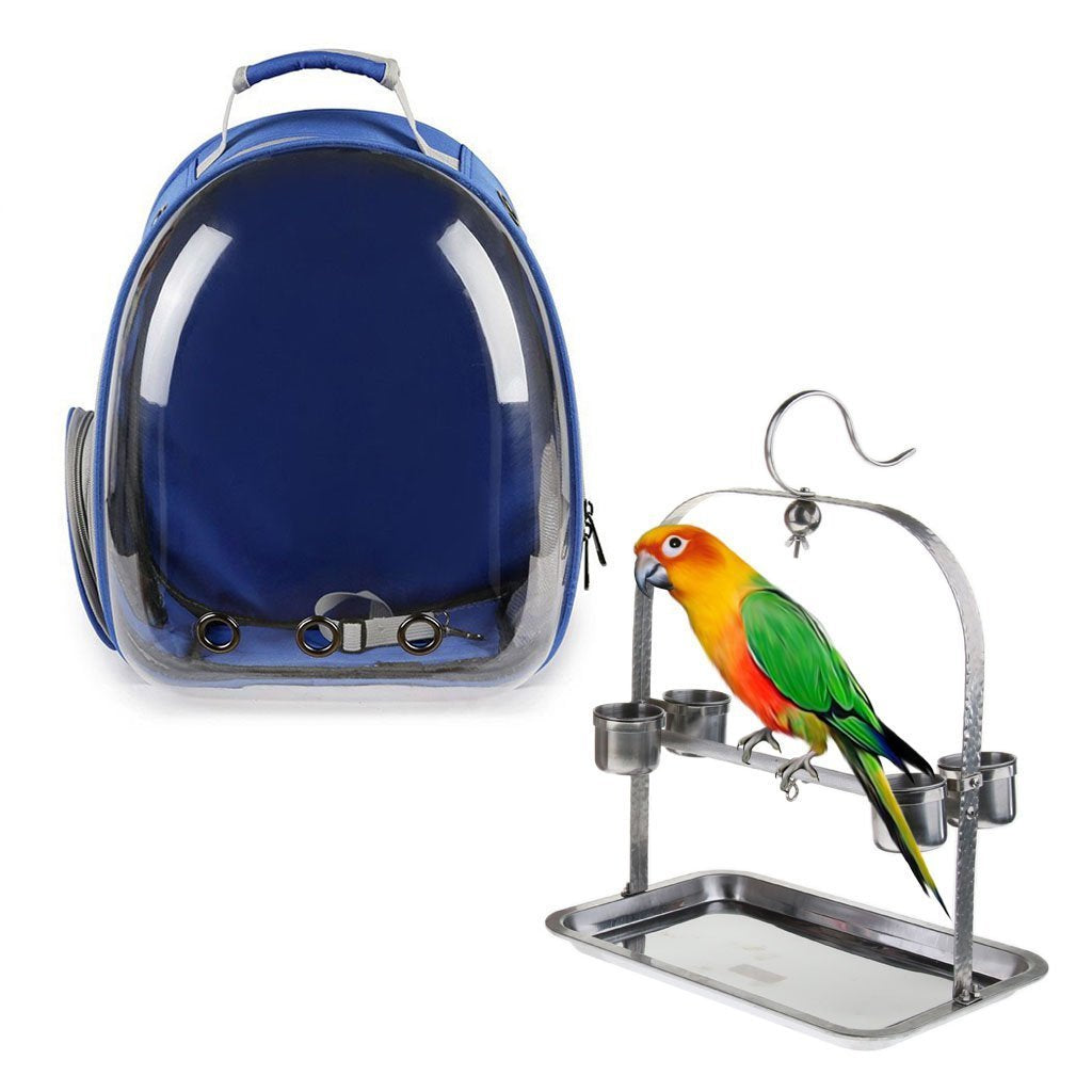 Clear Cover Parrot Bird Carrier Backpack with Stainless Steel Perch Stand & Feeder - Balma Home