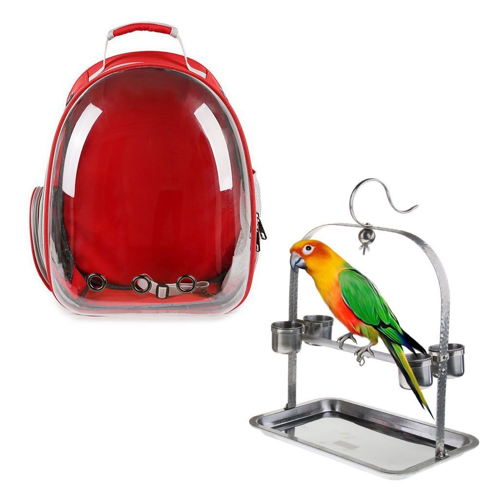 Clear Cover Parrot Bird Carrier Backpack with Stainless Steel Perch Stand & Feeder - Balma Home