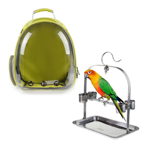 Clear Cover Parrot Bird Carrier Backpack with Stainless Steel Perch Stand & Feeder - Balma Home