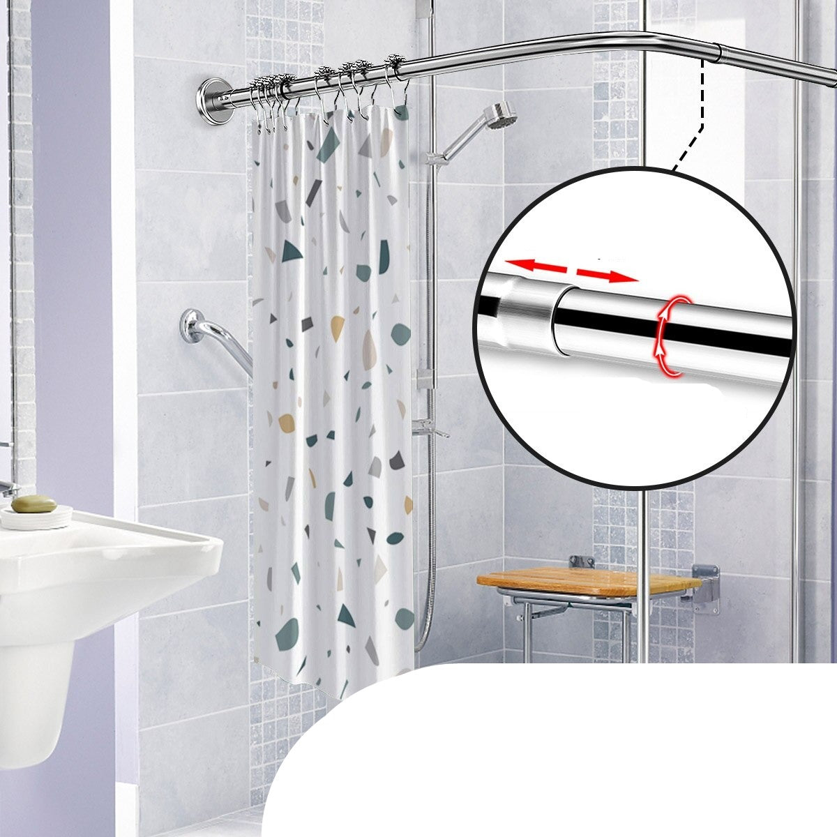 U-Shaped Retractable Curved Shower Rail Stainless Steel Rail Rod