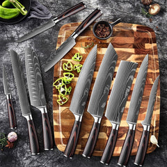 Set of 8 Professional Japanese Kitchen Stainless Steel Knives Pakka Wood Handle