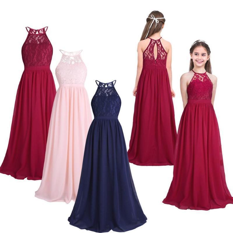 Adorable Halter Pleated Girls Party Lace Long Dresses