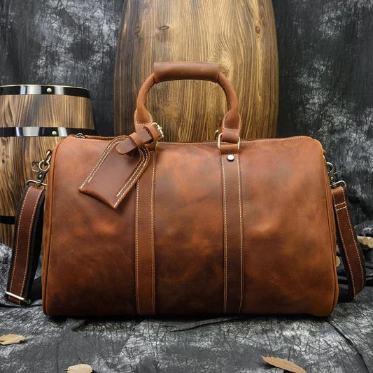 Mens weekend Bag Vintage Crazy Horse Genuine Leather Mens Travel Duffel Bag