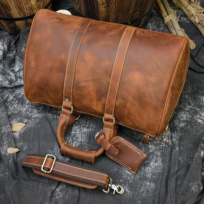 Mens weekend Bag Vintage Crazy Horse Genuine Leather Mens Travel Duffel Bag