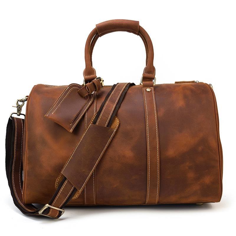 Mens weekend Bag Vintage Crazy Horse Genuine Leather Mens Travel Duffel Bag